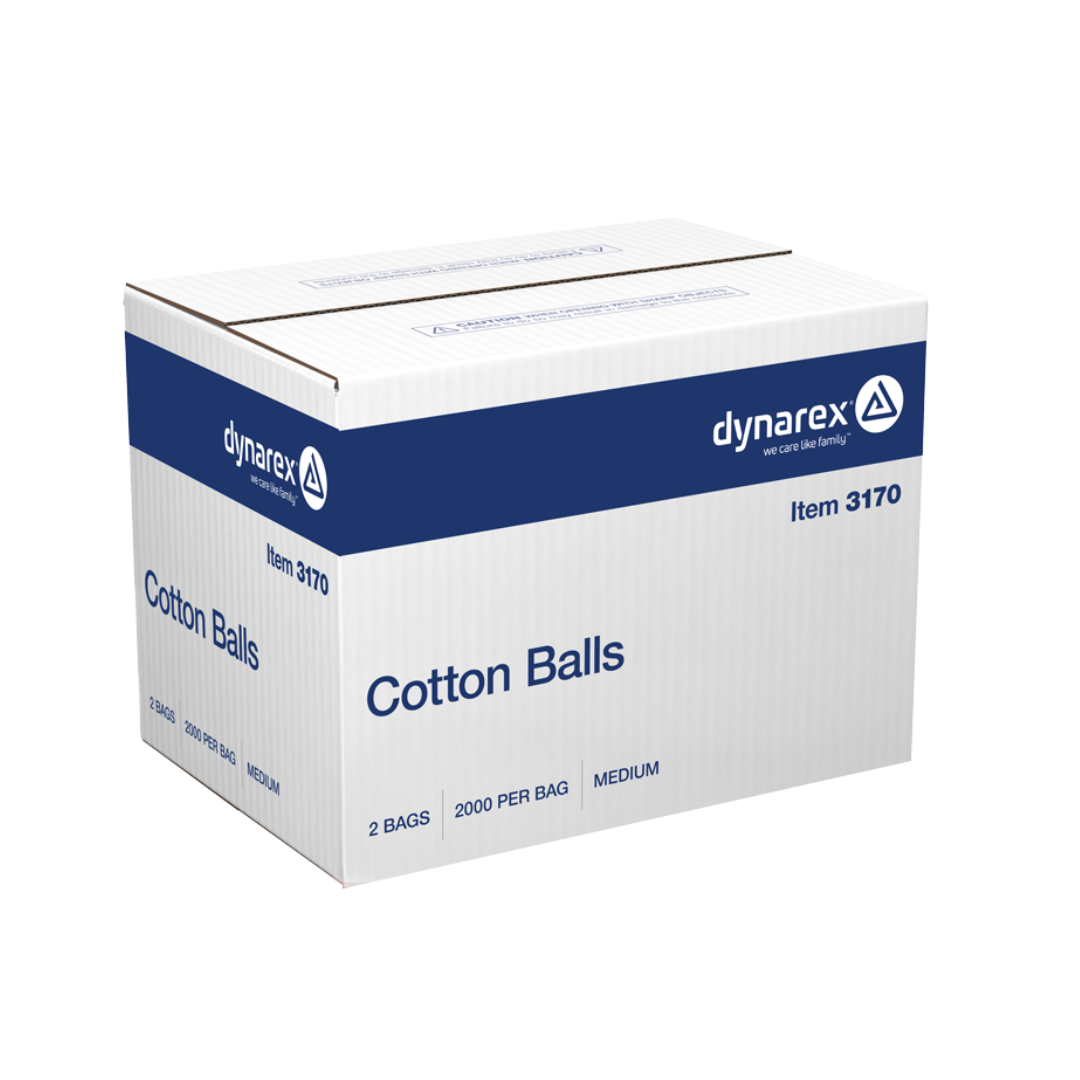 A white and blue box labeled Dynarex Cotton Balls holds 2 bags of medium, 100% cotton balls (2000 each). The absorbent puffs are neatly packed, with clear branding and product details displayed on the box.